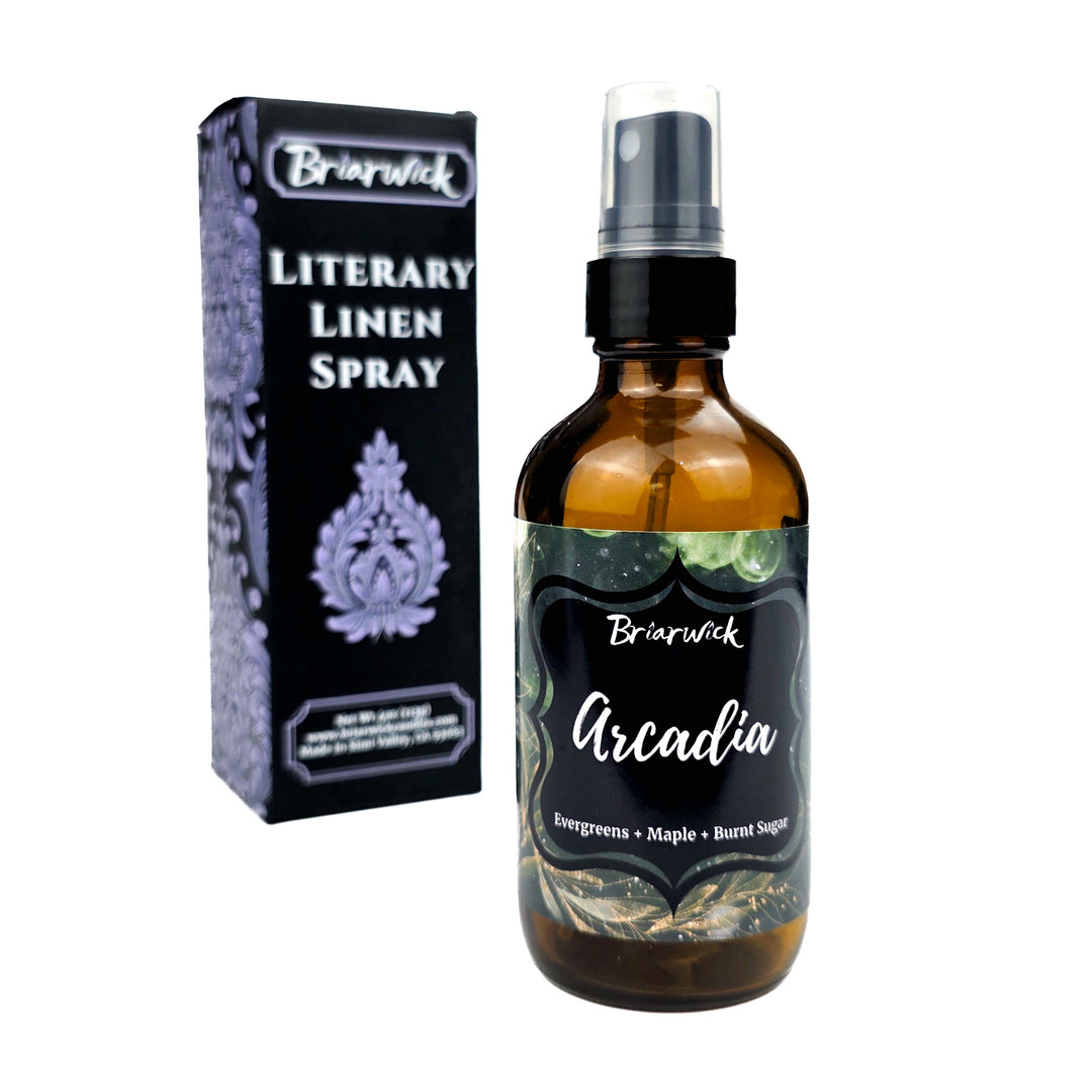 Briarwick Arcadia literary linen spray bottle and packaging on a white background
