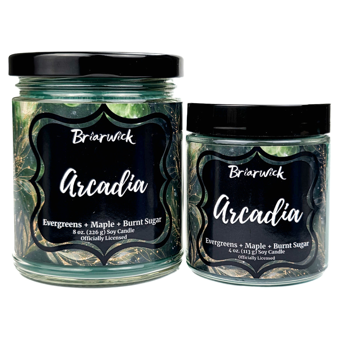 Two Briarwick Arcadia candles with black labels on a white background