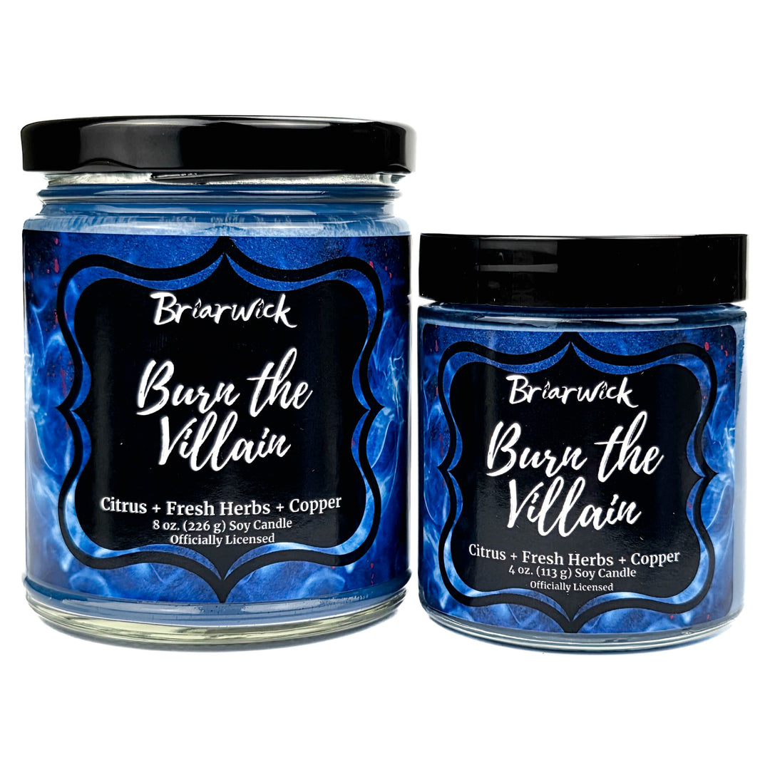 Two Briarwick candles labeled 'Burn the Villain' on a white background