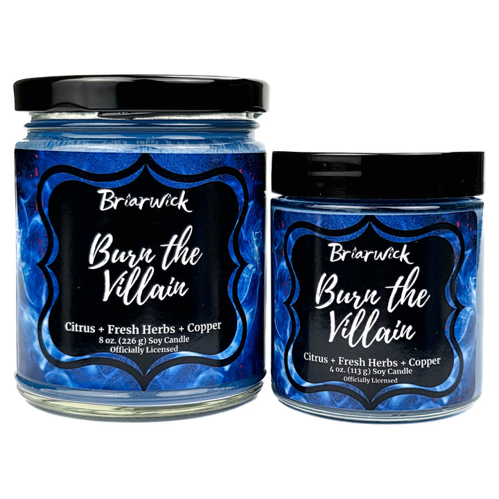Two Briarwick candles labeled 'Burn the Villain' on a white background