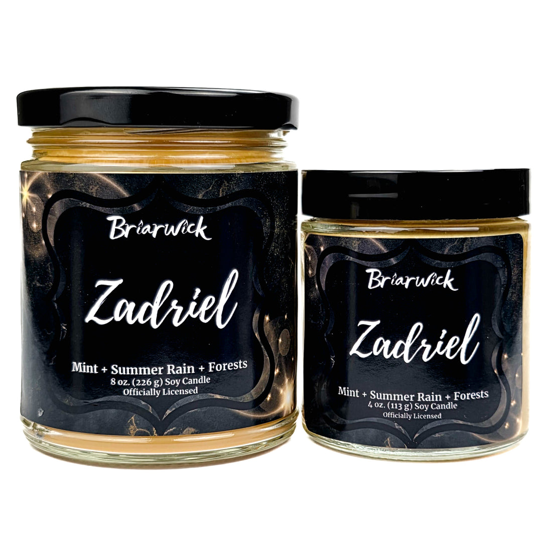 Two Briarwick Zadriel candles with black labels on a white background