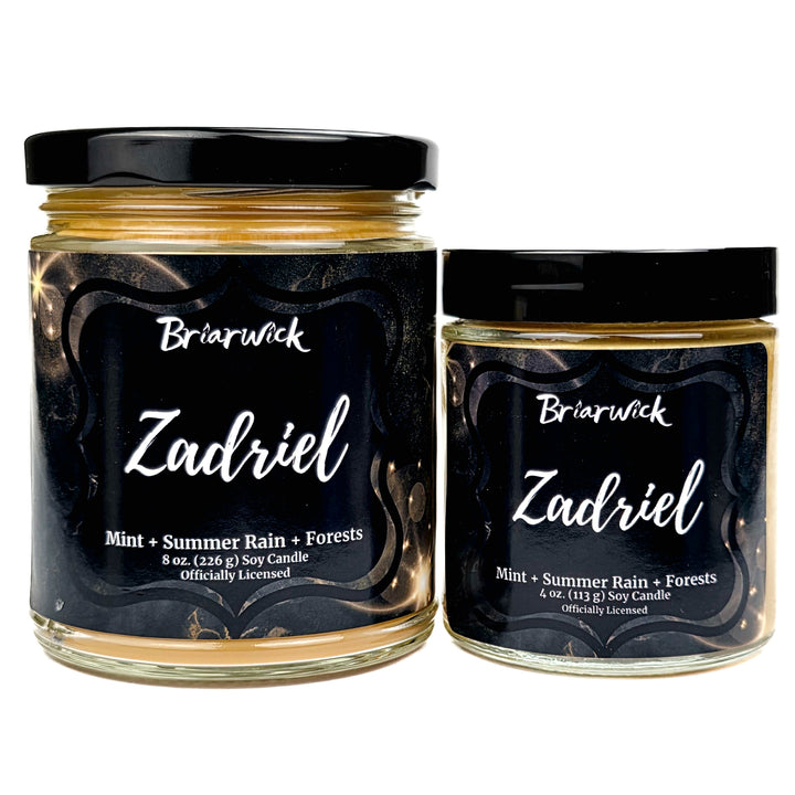 Two Briarwick Zadriel candles with black labels on a white background