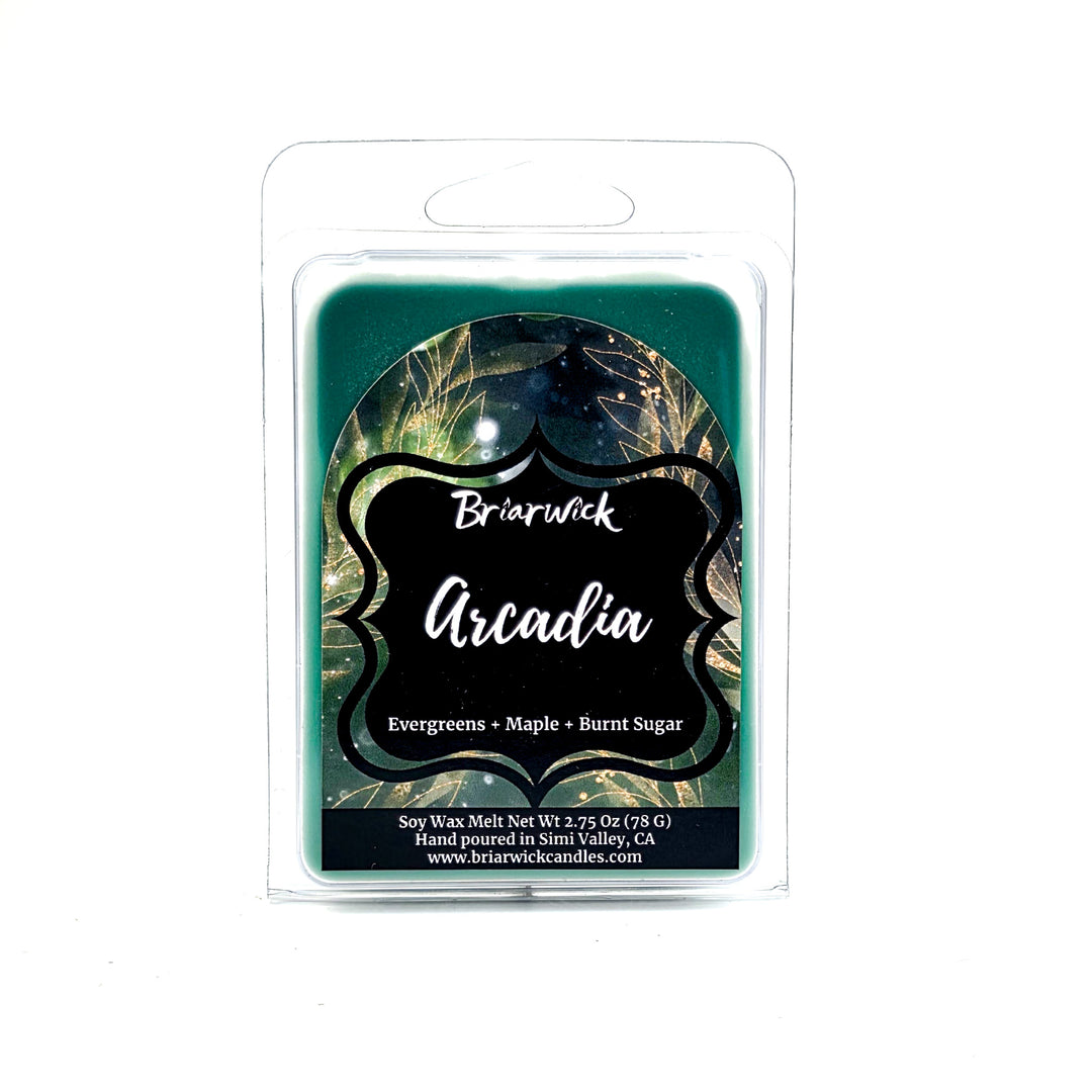 Arcadia wax melt package with green and black design on a white background