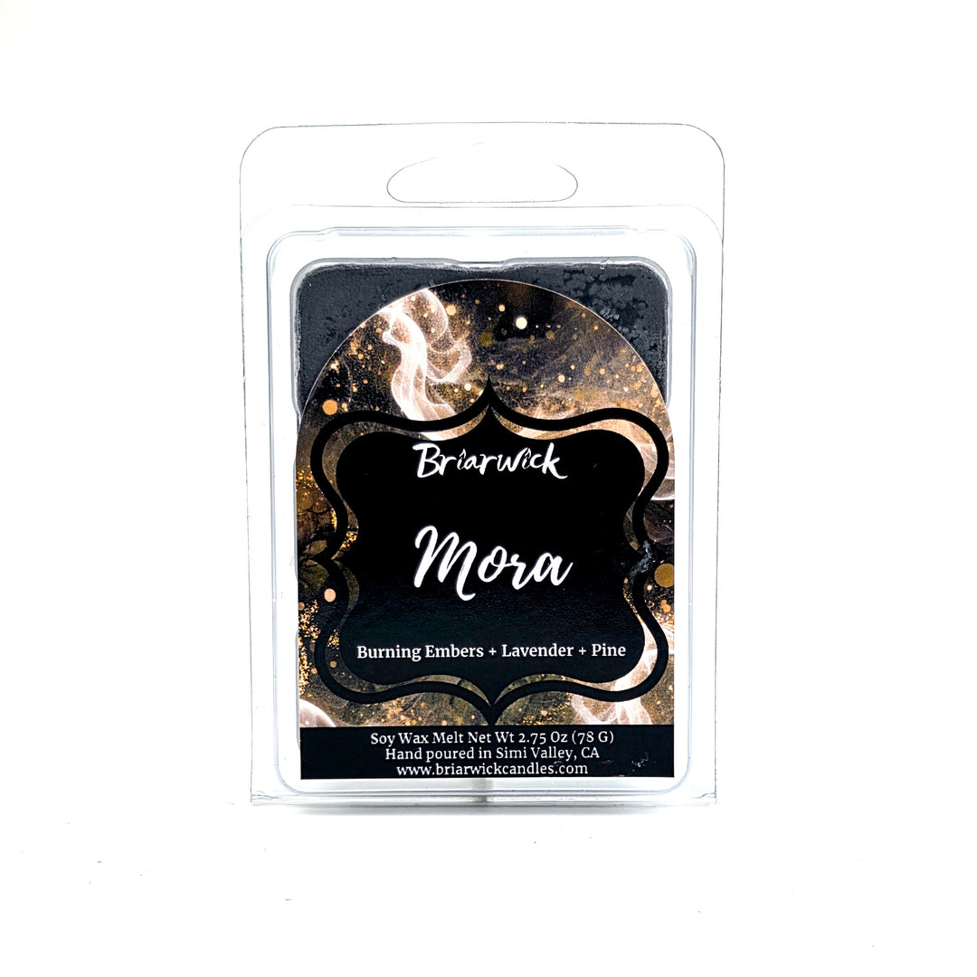 Brierwick Mora soy wax melt package with black and gold design on a white background