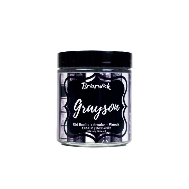 Candle jar labeled 'Grayson' by Briarwick on a white background
