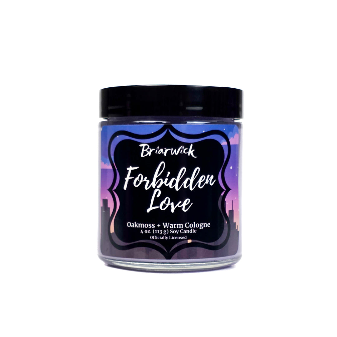 Jar of Briarwick Forbidden Love candle with a black lid on a white background