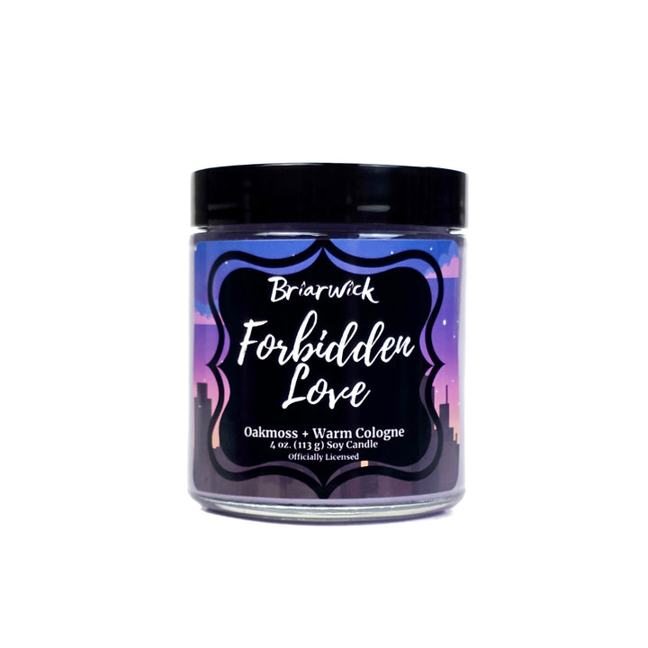 Jar of Briarwick Forbidden Love candle with a black lid on a white background