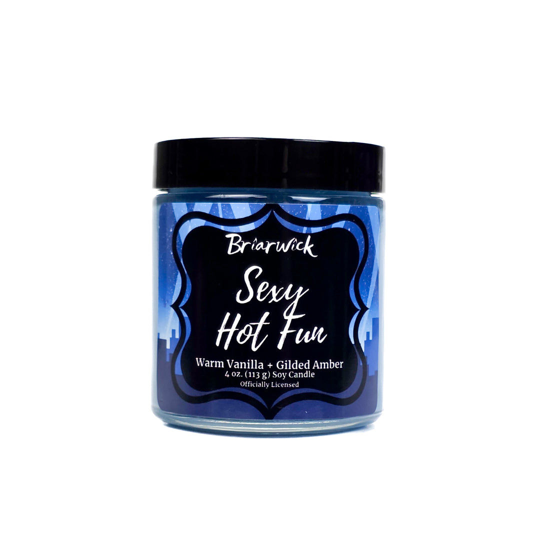 Candle jar labeled 'Sexy Hot Fun' by Briarwick on a white background