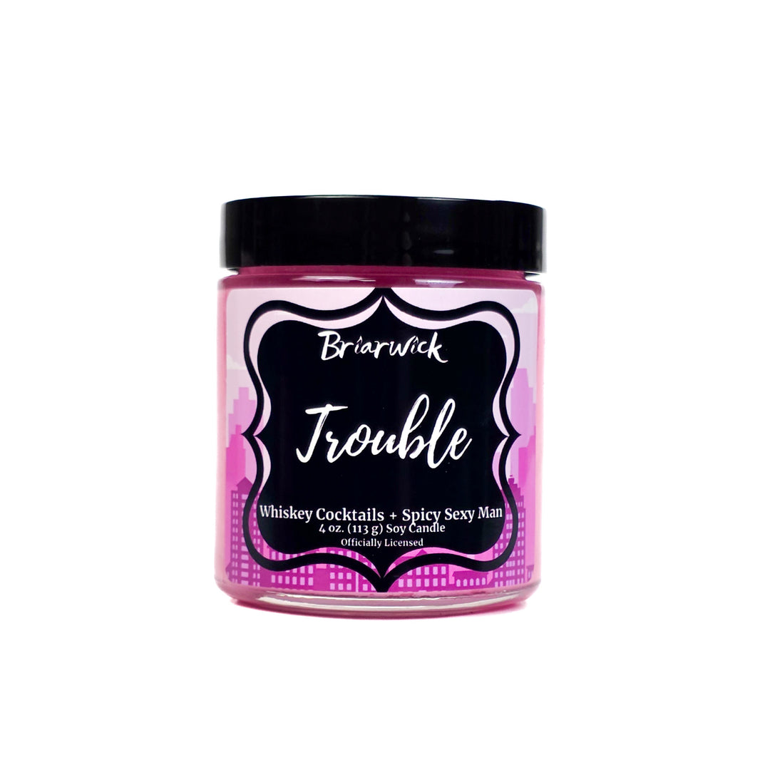 Jar of Briarwick Trouble candle on a white background