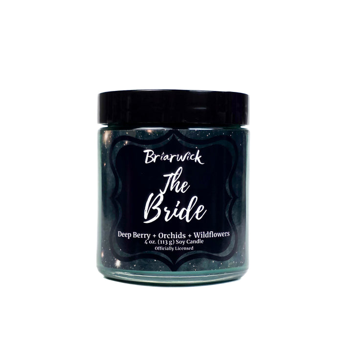 Green candle jar labeled 'The Bride' by Brierwick on a white background