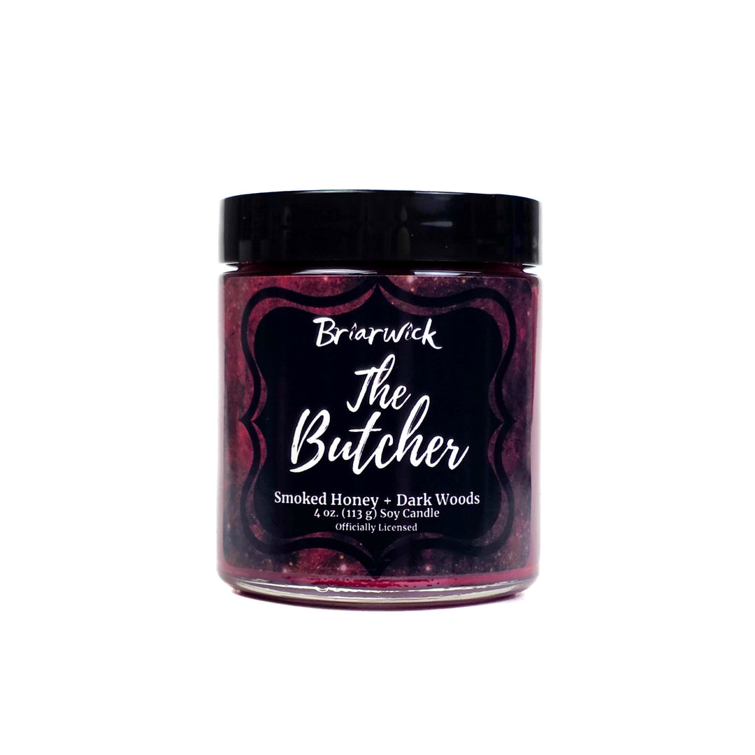 Jar of Briarwick The Butcher candle on a white background