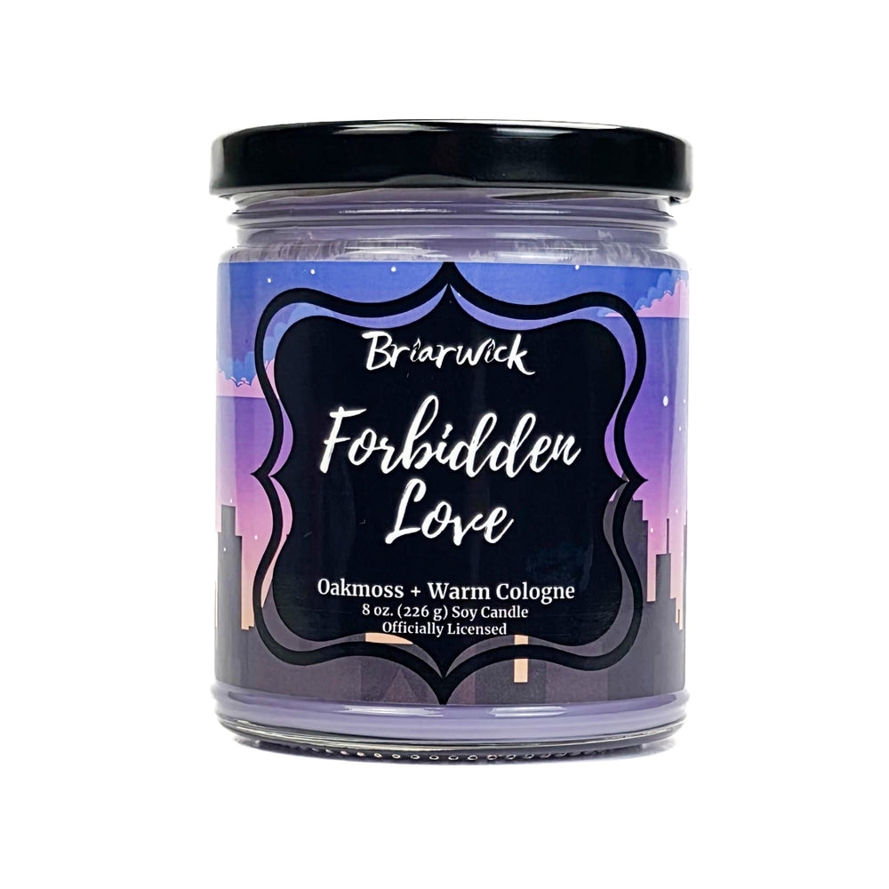 Purple candle jar labeled 'Forbidden Love' by Briarwick on a white background