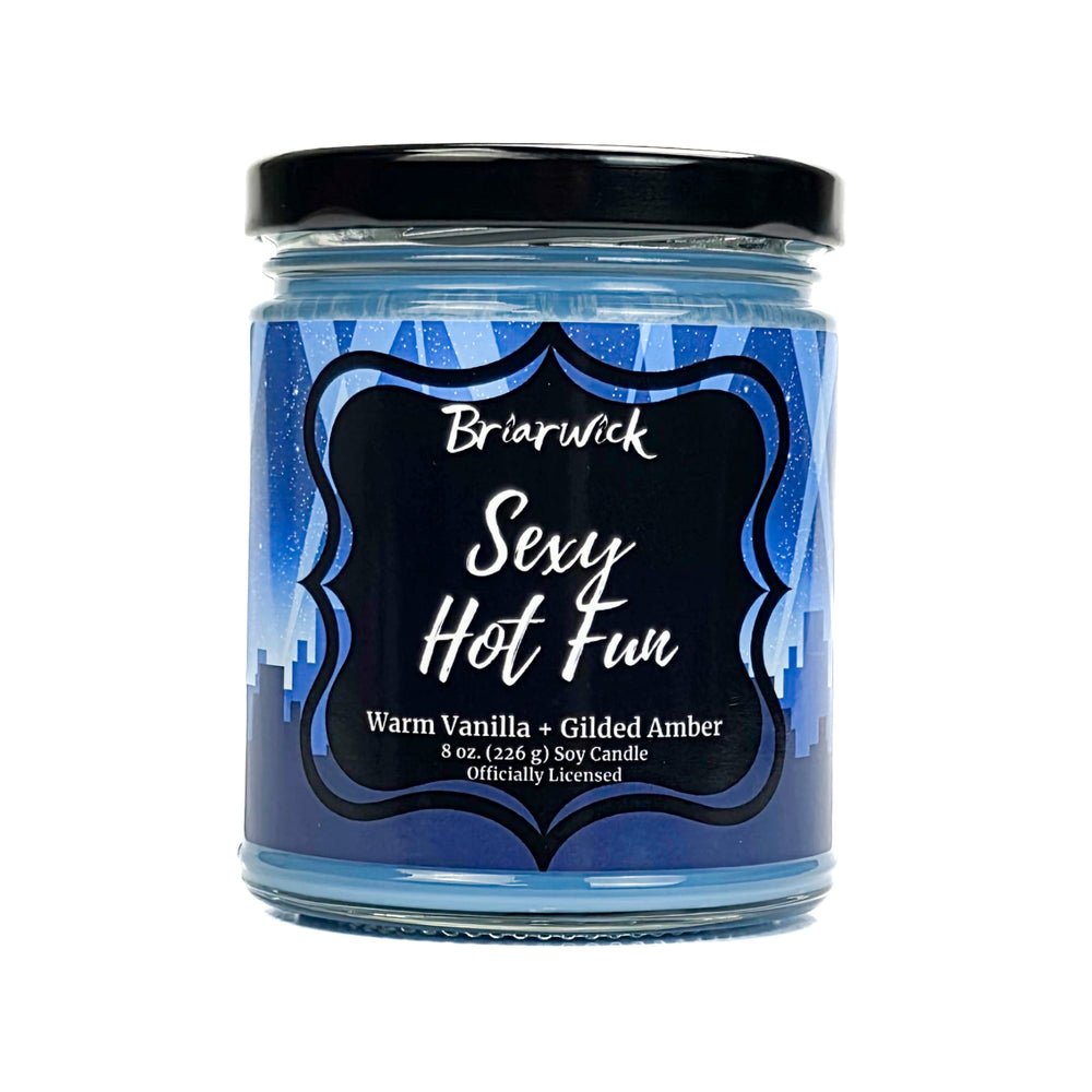 Candle jar with a blue label featuring the brand 'Briarwick' and product name 'Sexy Hot Fun'.
