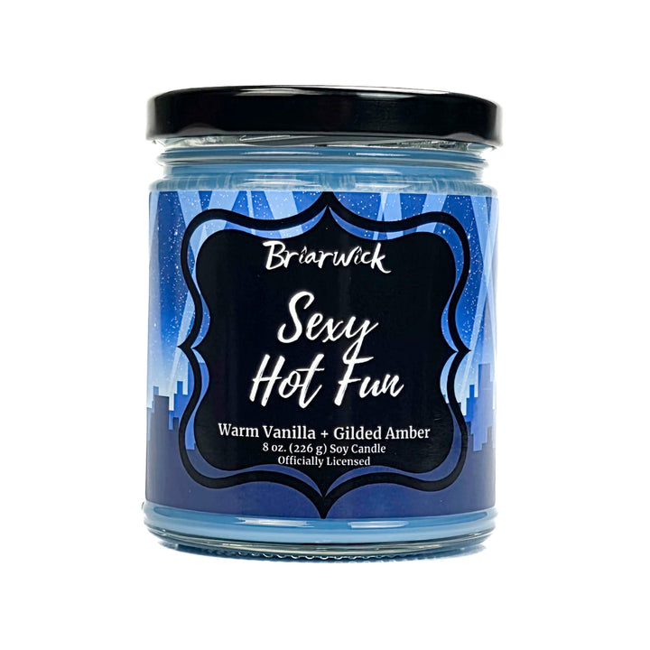 Candle jar with a blue label featuring the brand 'Briarwick' and product name 'Sexy Hot Fun'.