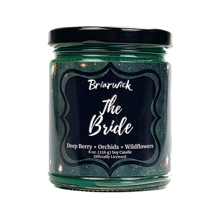 Green candle jar labeled 'The Bride' by Briarwick on a white background