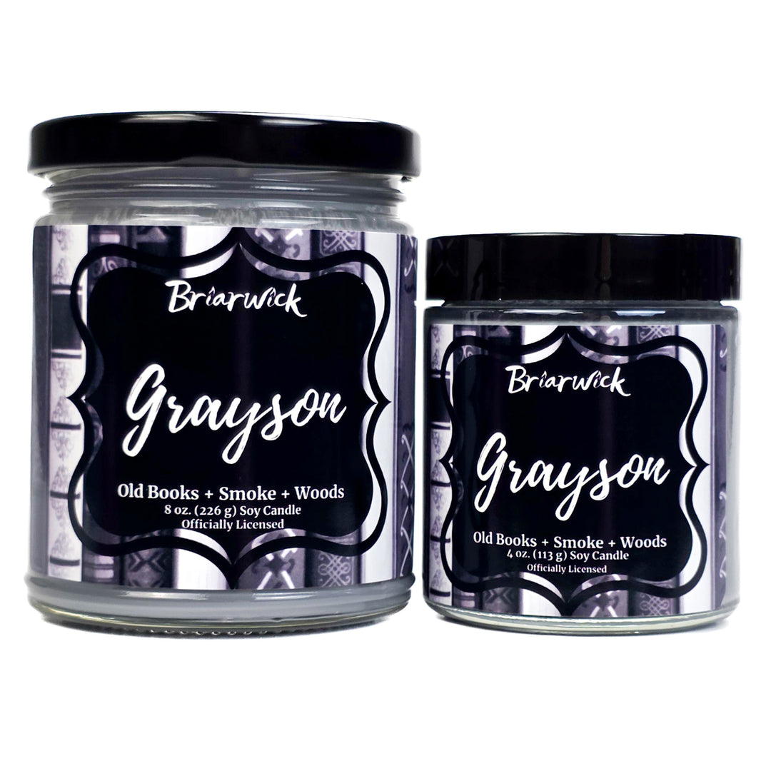 Two Briarwick Grayson candles with black and white labels on a white background
