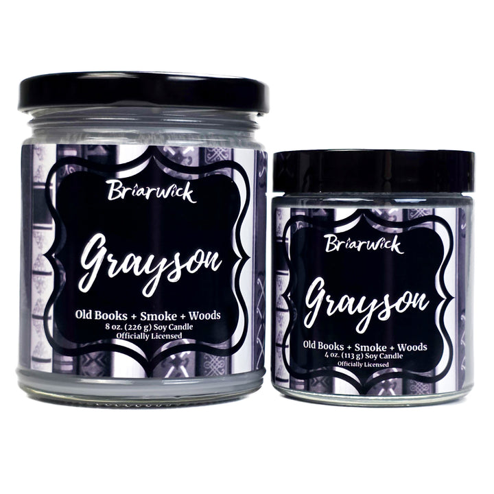 Two Briarwick Grayson candles with black and white labels on a white background