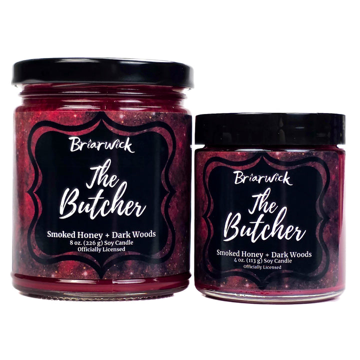 Two jars of Briarwick 'The Butcher' candle with black labels on a white background