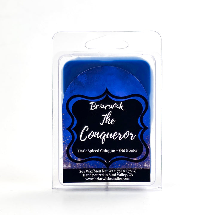 Wax melt package by Briarwick labeled 'The Conqueror' with blue design on a white background