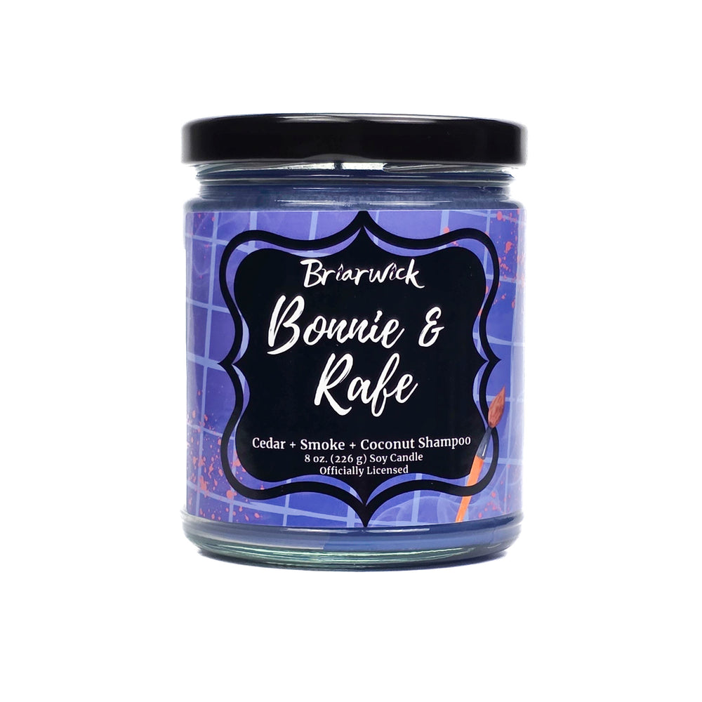 Bonnie & Rafe 8oz amethyst candle with purple grid design on a white background