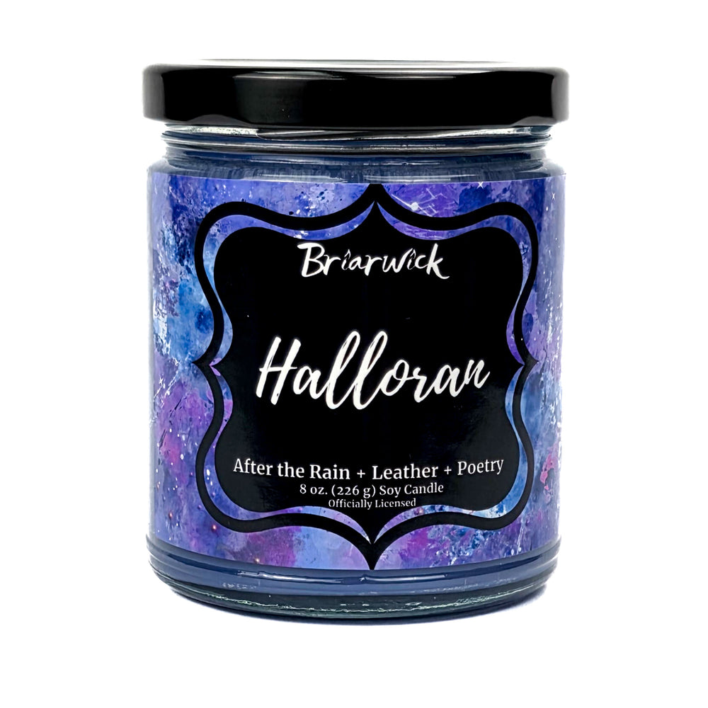 Halloran 8oz dark periwinkle candle with blue-purple textural design on a white background