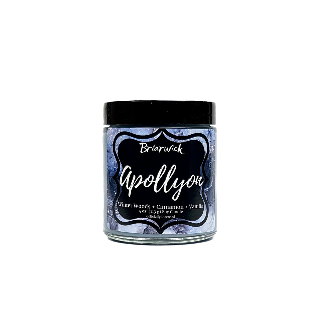 Apollyon 4oz light blue candle with blue and silver marbled glitter label on a white background