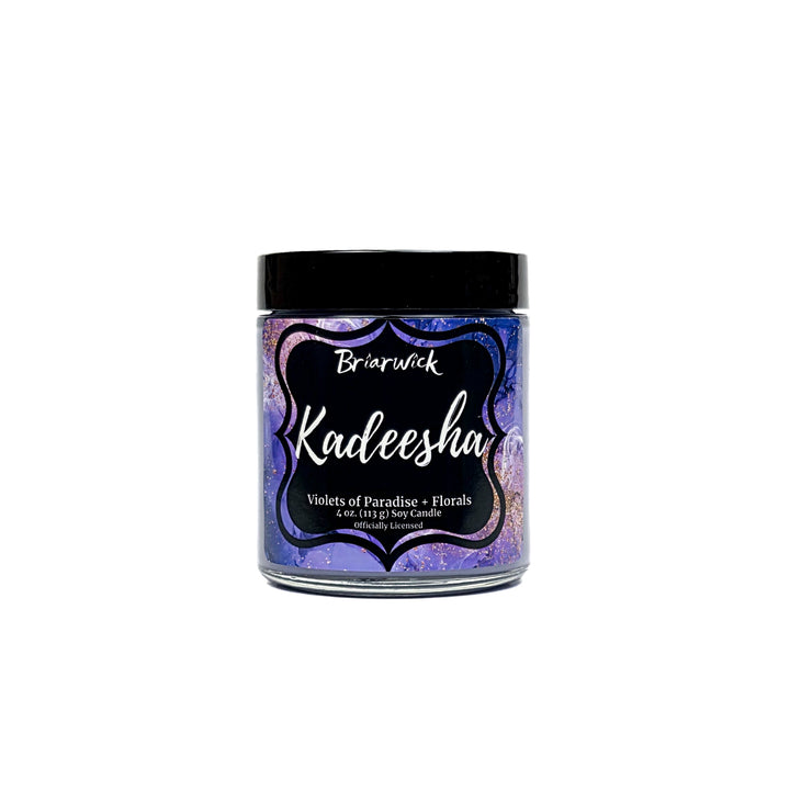 Kadeesha 4oz light purple candle with purple and gold marbled glitter label on a white background