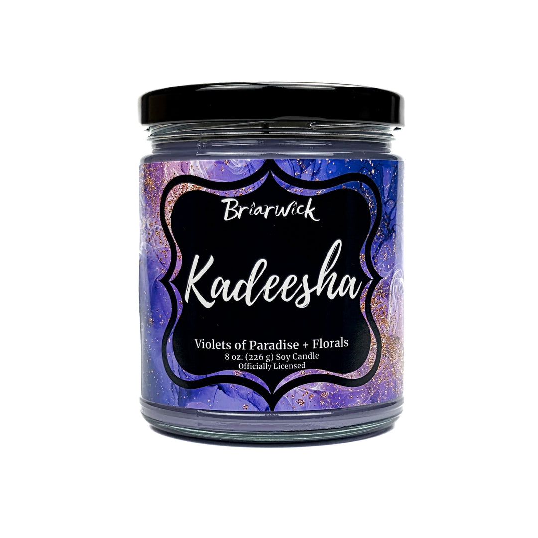 Kadeesha 8oz light purple candle with purple and gold marbled glitter label on a white background