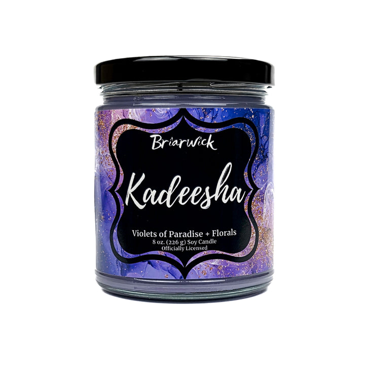 Kadeesha 8oz light purple candle with purple and gold marbled glitter label on a white background
