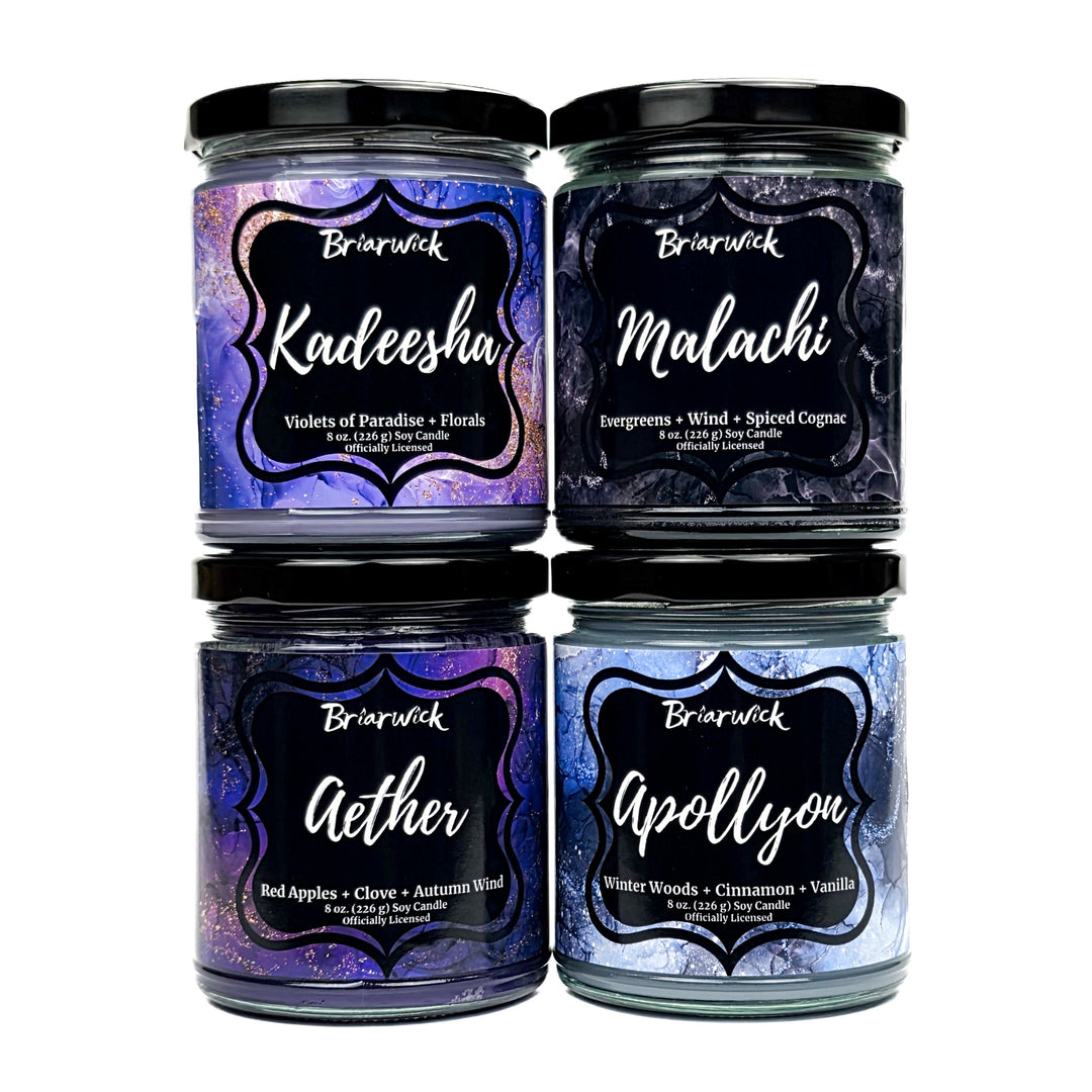 Our Vicious Oaths Kadeesha, Aether, Malachi, and Apollyon candles stacked on a white background