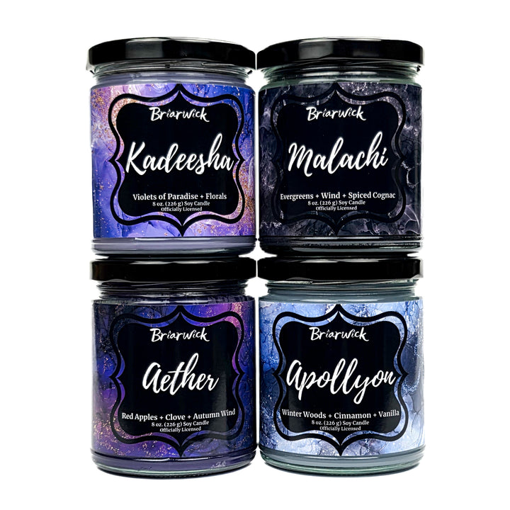 Our Vicious Oaths Kadeesha, Aether, Malachi, and Apollyon candles stacked on a white background
