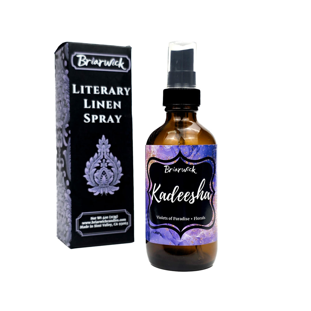 Kadeesha 4oz Linen Spray with purple and gold marbled glitter label on a white background