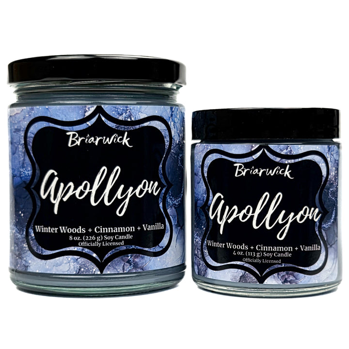 Apollyon 8oz & 4oz light blue candle with blue and silver marbled glitter label on a white background