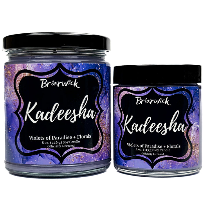 Kadeesha 8oz & 4oz light purple candle with purple and gold marbled glitter label on a white background