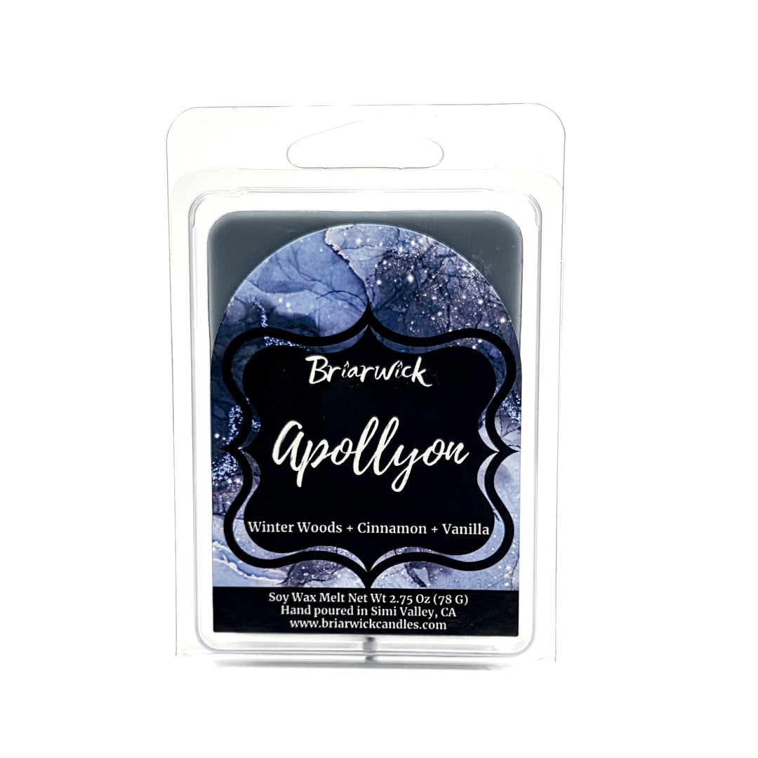 Apollyon 2oz light blue wax melt with blue and silver marbled glitter label on a white background