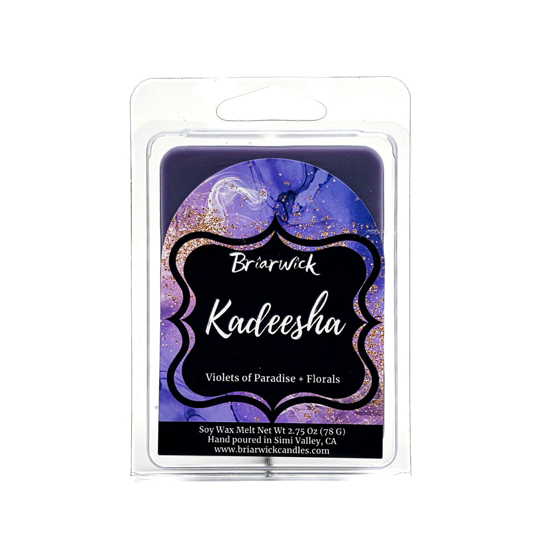 Kadeesha 2oz light purple wax melt with purple and gold marbled glitter label on a white background