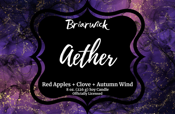 Aether label with purple and gold marbled glitter design