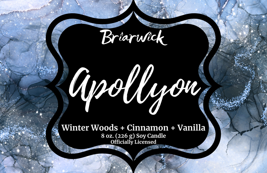 Apollyon label with blue and silver marbled glitter design