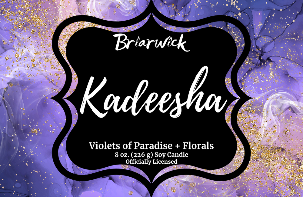 Kadeesha label with light purple and gold marbled glitter design