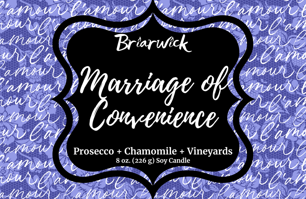 Marriage of Convenience label with purple handwriting design