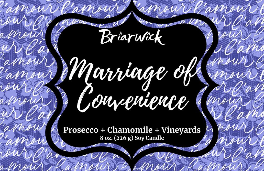 Marriage of Convenience label with purple handwriting design