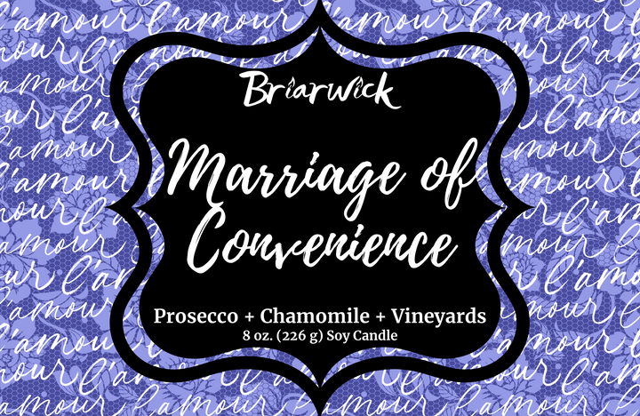 Marriage of Convenience label with purple handwriting design
