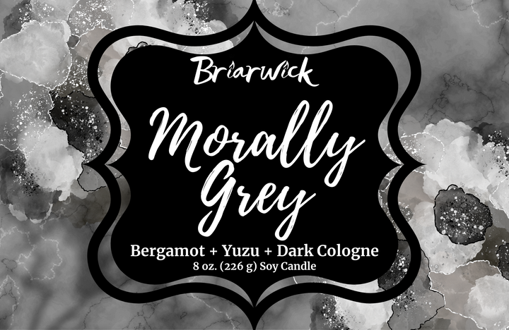 Morally Grey label with a grey floral design