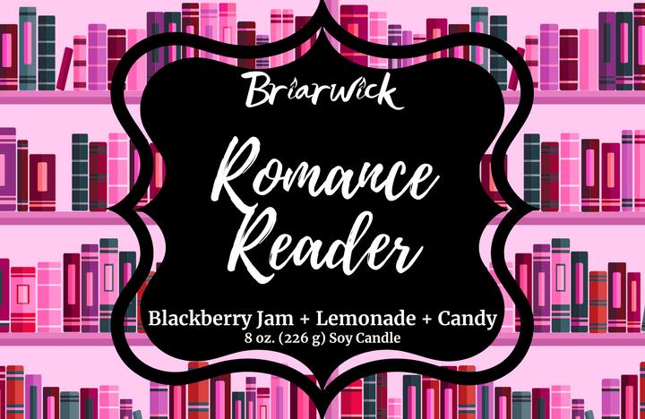 Romance Reader label with pink bookshelf design