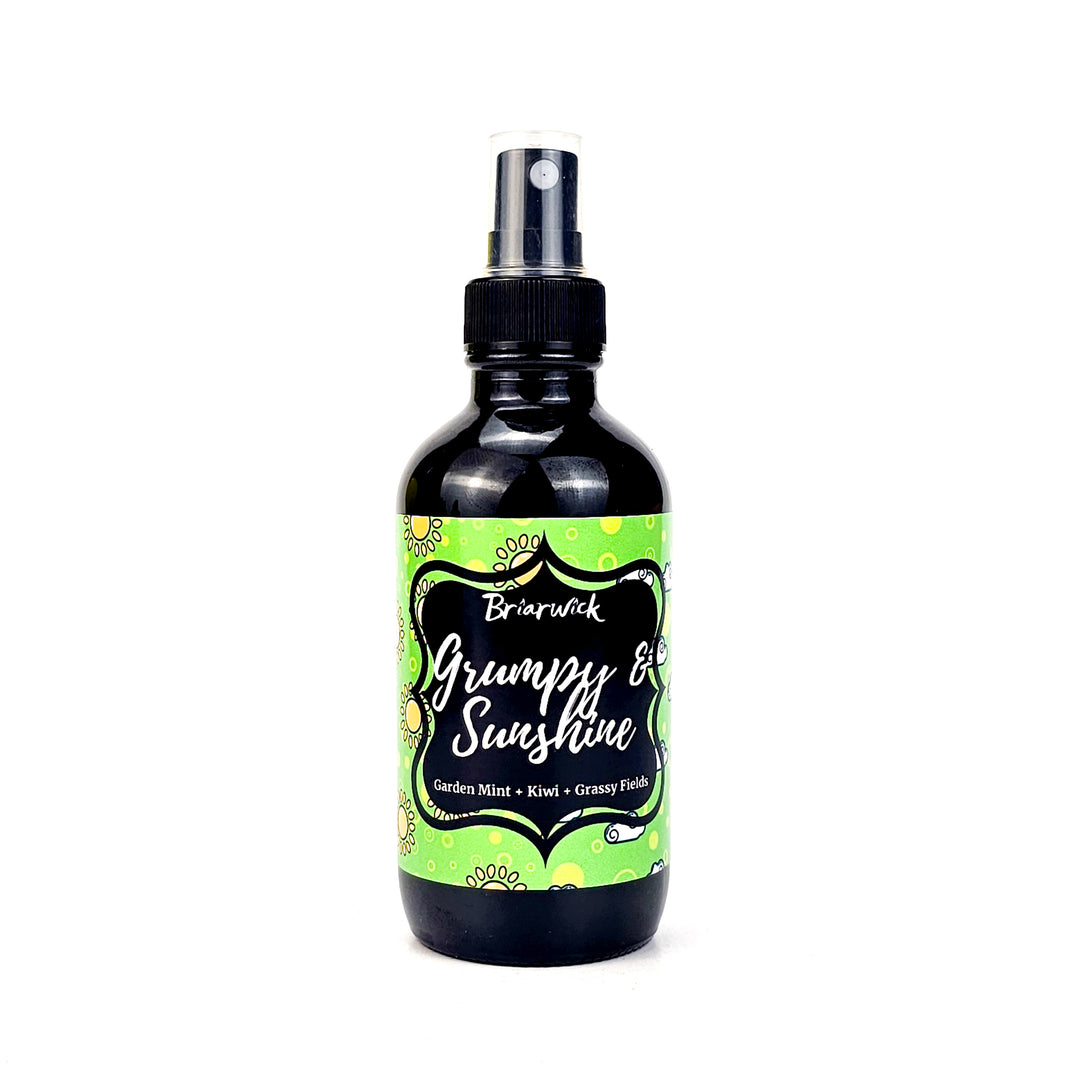 Grumpy & Sunshine 4oz Linen Spray with sunshine/cloud split design on a white background