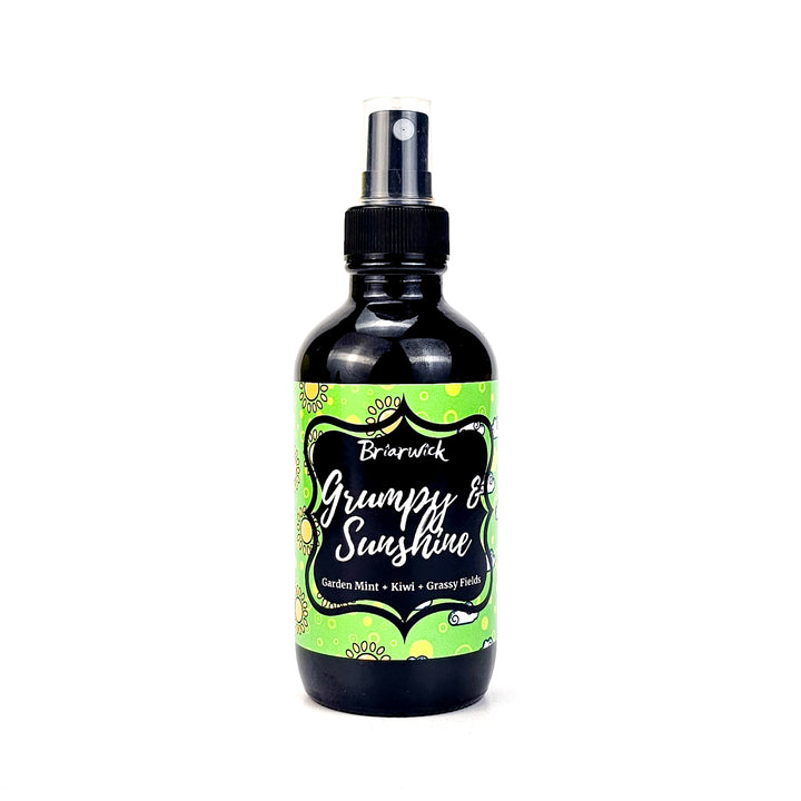 Grumpy & Sunshine 4oz Linen Spray with sunshine/cloud split design on a white background
