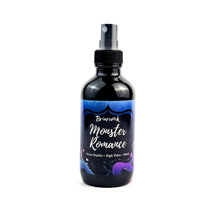 Monster Romance 4oz Linen Spray with blue tentacle design on a white background