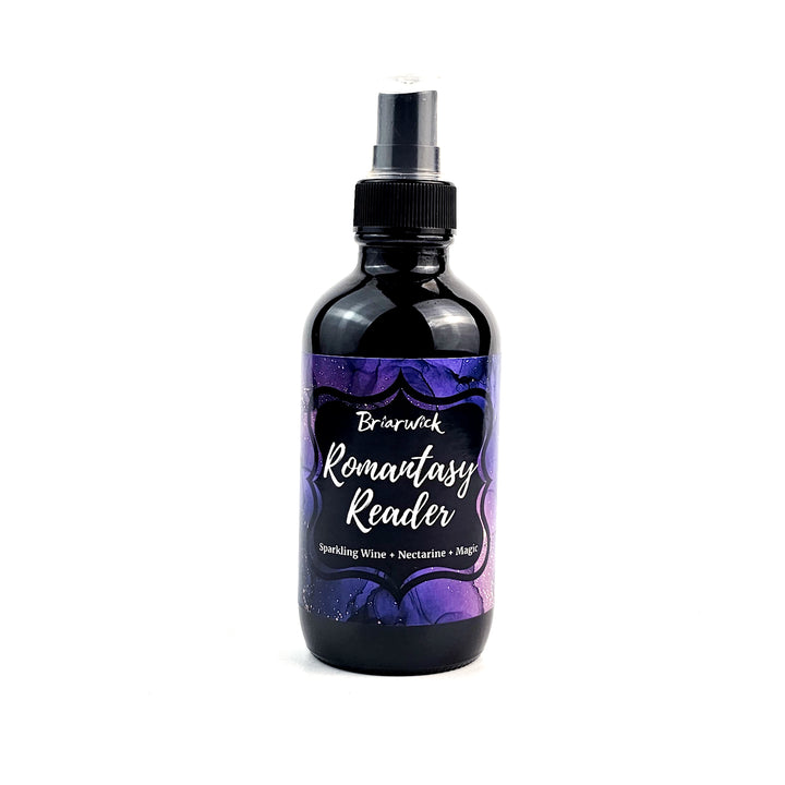 Romantasy Reader 4oz Linen Spray with purple textural design on a white background