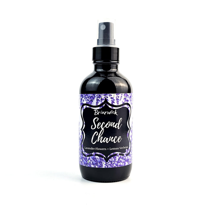 Second Chance 4oz Linen Spray with lavender floral design on a white background