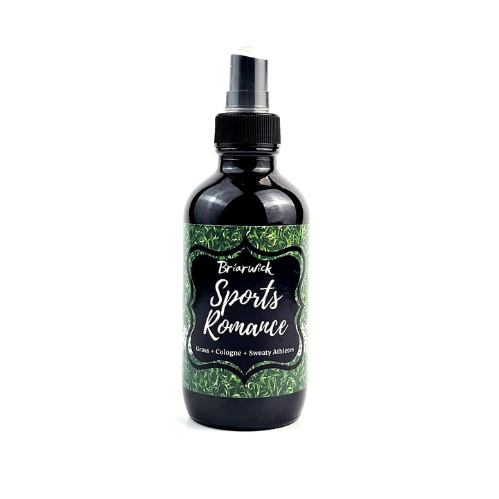 Sports Romance 4oz Linen Spray with sports field design on a white background